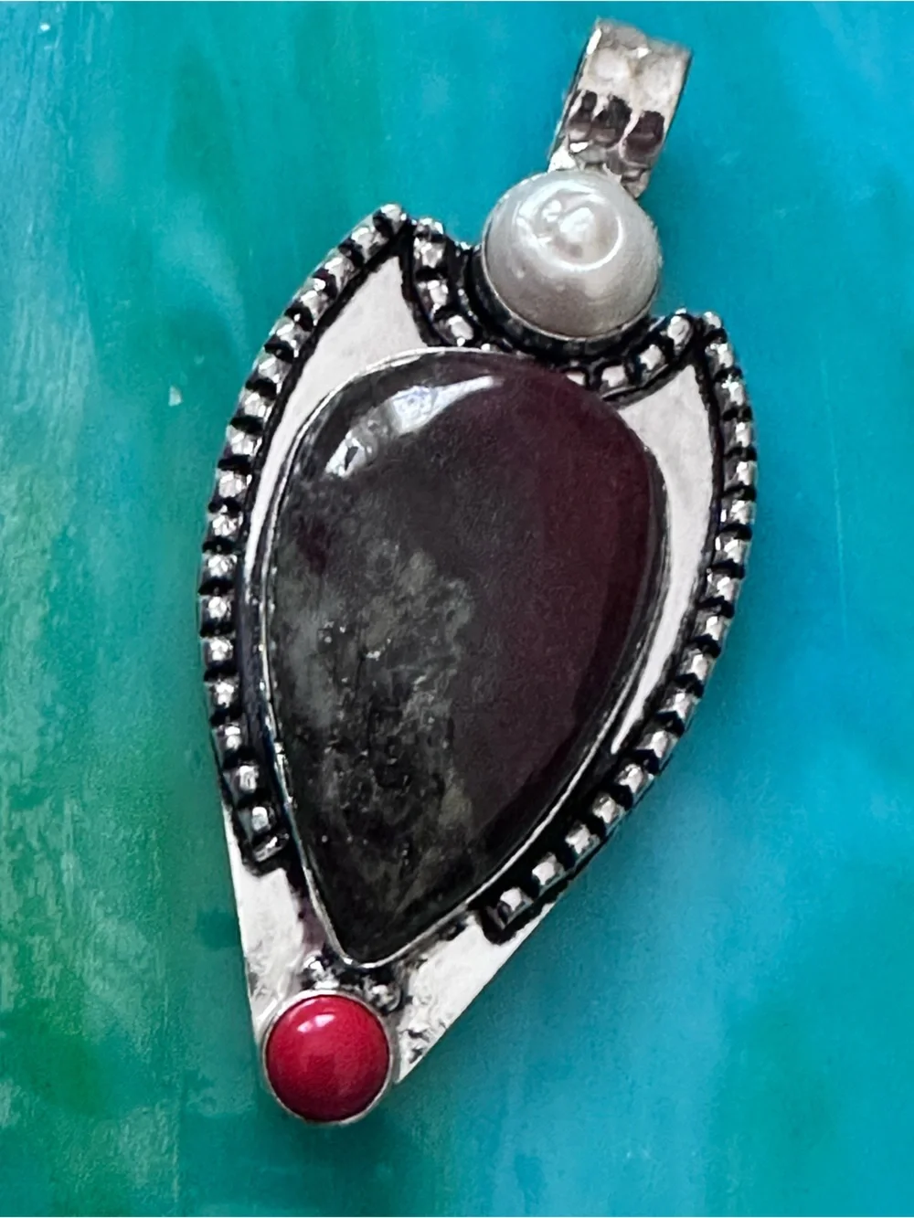 Artisan Silver Dragon Blood Stone  Pendant with Pearl and Coral Accent